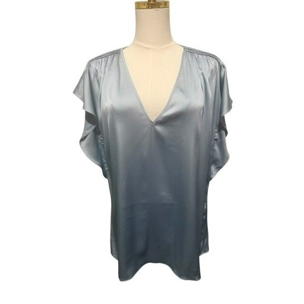 White House Black Market Womens Top Size Large Blue Solid Vneck Short Sleeves